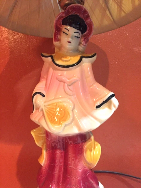 Vintage Oriental Asian Chinese Porcelain Table Lamp Woman Figurine *