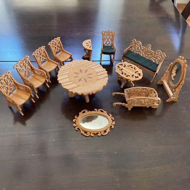 Miniature Wood Laser Carved Doll Victorian Furniture Chair Table Desk Mirror Lot