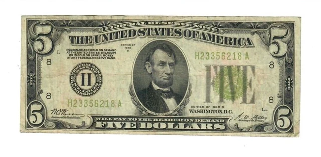 1928 B $5 Federal Reserve Note LGS St. Louis Fr#1952-H VF