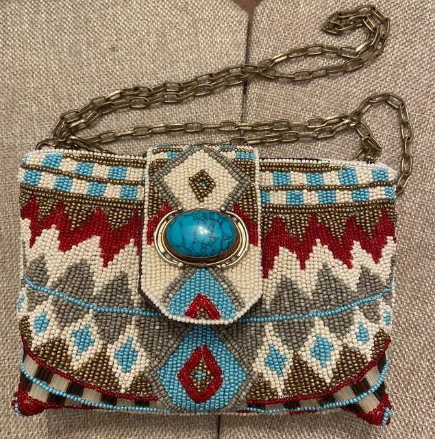 Mary Frances Southwestern Turquoise Power Beaded Mini Clutch Cross Body Bag