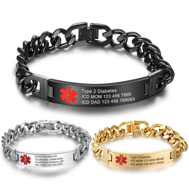 Personalizar Pulsera de Alerta Médica Inoxidable Identificación de Emergencia Cadena Cubana Reloj