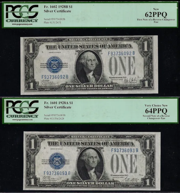 1928A 1928B $1 Silver Certificate PCGS 64PPQ reverse changeover Fr 1601 Fr 1602