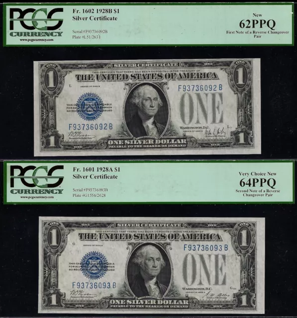 1928A 1928B $1 Silver Certificate PCGS 64PPQ reverse changeover Fr 1601 Fr 1602