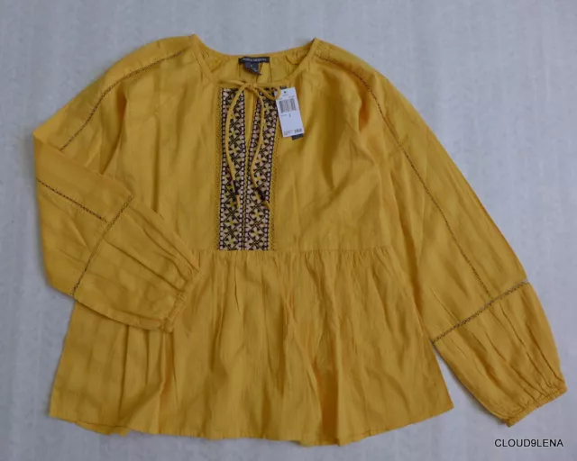 NWT CHELSEA & THEODORE Yellow Embroidered Cotton Peasant BOHO Blouse S