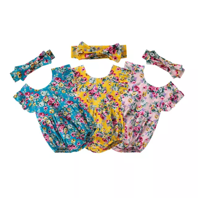 Newborn Baby Girls Floral Fly sleeve Romper Jumpsuit Bodysuit+Headband Set