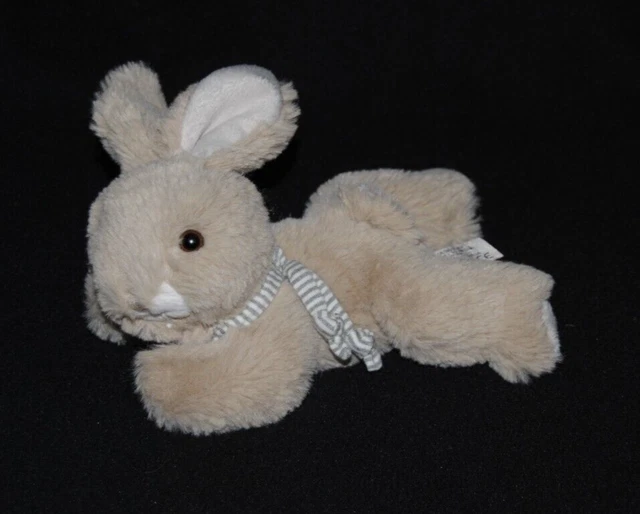 Peluche doudou lapin allongé BUKOWSKI beige écharpe rayée 18 cm couché TTBE