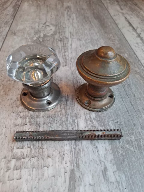 Antique Art  Deco Door Knob Set Escutcheon Glass Brass Architectural Salvage