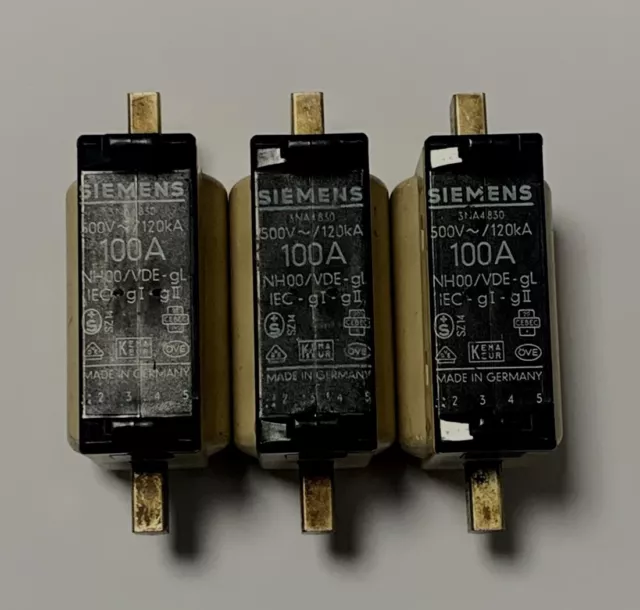 3x Siemens  NH00 100A Gr.00 gL gG  Sicherungen 3NA4830