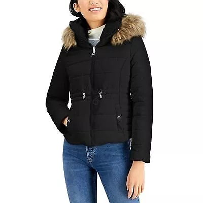 Maralyn & Me BLACK Women's Juniors' Faux-Fur-Trim Hooded Puffer Coat, US X-Large