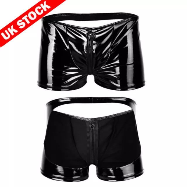 UK MENS WET Look Leather Boxers Brief Open Butt Zip Bulge Pouch