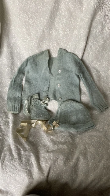 Vintage Hand Made Knit Baby Sweater with Bootie and Bonet Light Blue Color