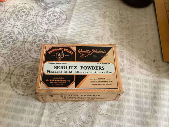 ANTIQUE SHAWMUT BRAND SEIDLITZ LAXATIVE POWDERS TIN GILMAN BROTHERS DISTR. Used
