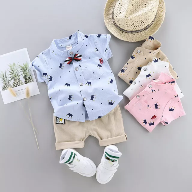 Toddler Kids Baby Boys Bow Crown Gentleman Shirt Tops+Shorts Outfits Clothes Set