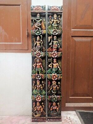 Dashavatar Vishnu Wall Panel Pair Vertical Vintage Hindu God Temple Decor Wooden