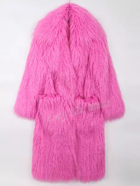 Winter Long Bright Pink Oversized Shaggy Hairy Fluffy Warm Faux Fur Coat Lapel