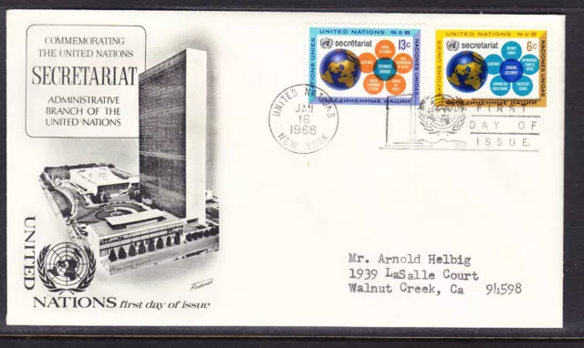 United Nations "Fleetwood"  - 1968 -  13c Secretariat  First Day Cover Addressed