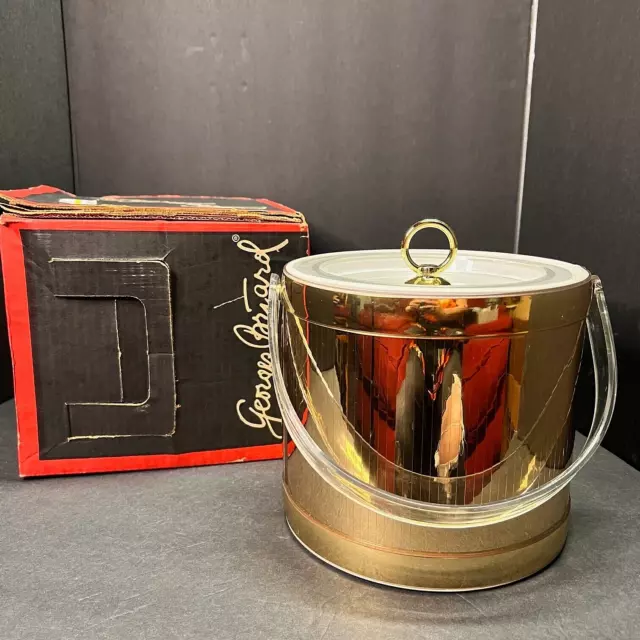 Vtg MCM Georges Briard Gold & Lucite Ice Bucket Vertical Stripe 3 Qt  Orig Box