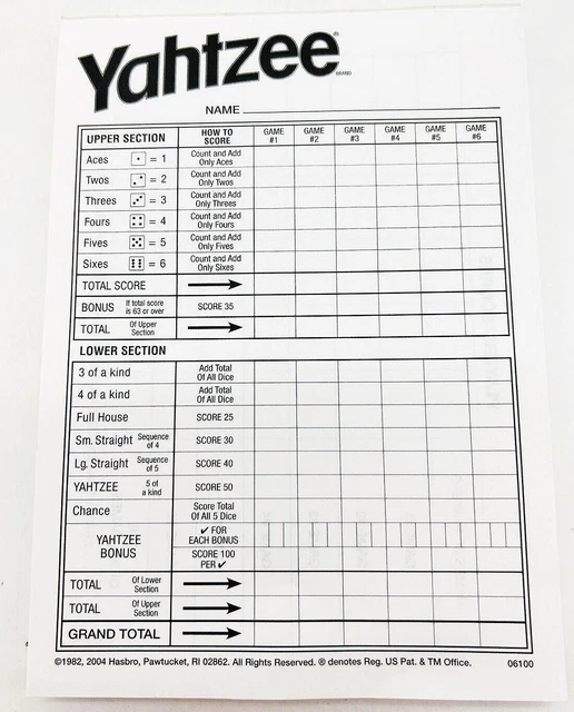 YAHTZEE SCORE CARDS Pad 80+ Game Sheets Cards Refill Milton Hasbro