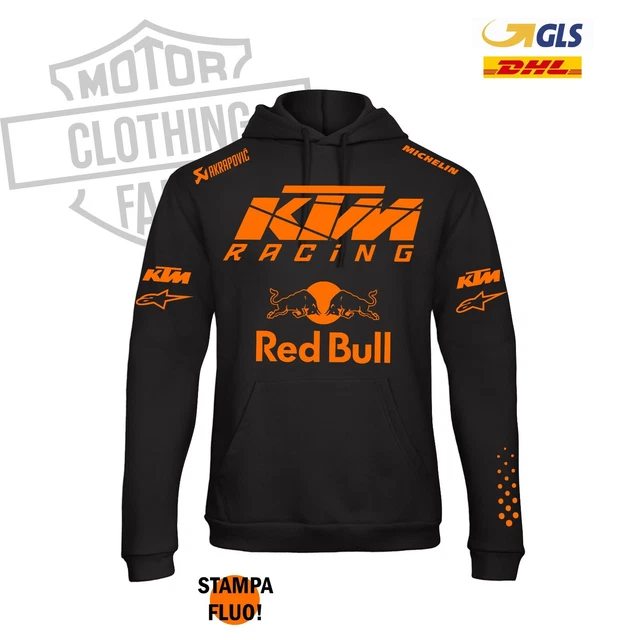 FELPA con Cappuccio RED BULL KTM Racing Stampa Arancio Fluo Enduro Motocross
