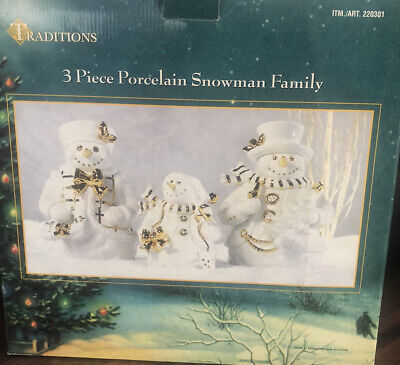 New Org./box TRADITIONS PORCELAIN SNOWMAN FAMILY White / Gold Trimmings 3 Piece