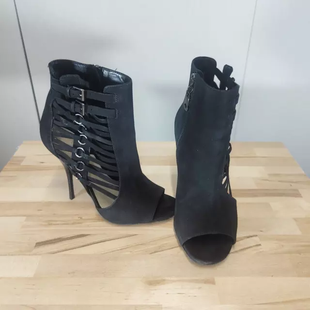 Stivali da donna neri Carvela taglia UK 6 1/2 tacco a stiletto punta aperta gabbia alla caviglia