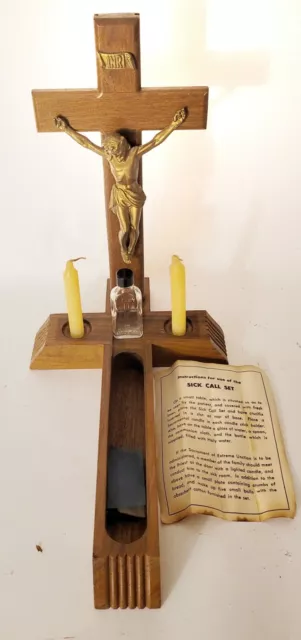Vintage Last Rights Sick Call Cross Crucifix Holy Water Candles Prayer Altar