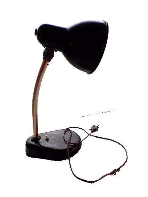 Ancienne lampe industrielle de bureau avec pied en bakélite marron des années 50