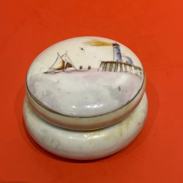 Vintage Japanese Ceramic Porcelain Box Lidded Trinket Dish Sailboat Lighthouse