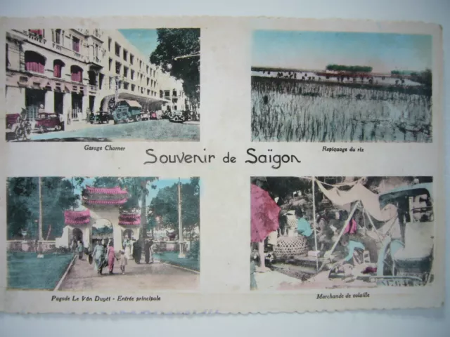 CPA Indochine Souvenir de Saigon - 4 photos Nam Phat 1950 Garage Charner pagode