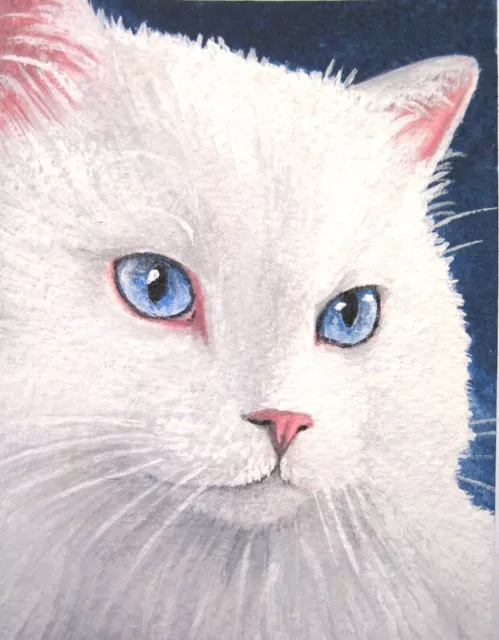 ACEO miniature collectible art print Cat 469 White Persian art painting L.Dumas