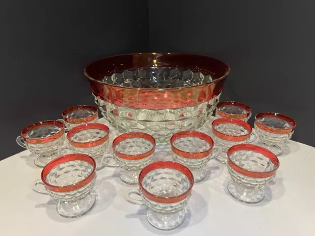Indiana Glass Colony Whitehall Ruby Flashed 12 pc Punch Bowl & Pedestal Cups Set