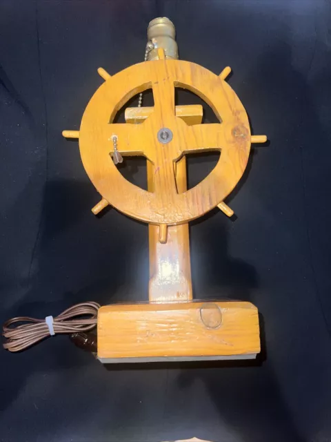 Vintage Wooden Ships Captains Wheel Helm Table Lamp Light Retro Nautical MCM Sea