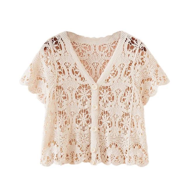 Cardigan Chemisier Dentelle Crochet Brodé - Col V Court Beige Floral - Taille Unique Neuf Avec étiquettes