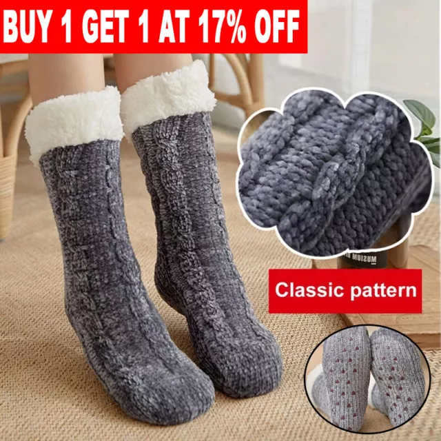 Womens Knitted Fluffy Thick Soft Warm Sherpa Slipper Socks Non