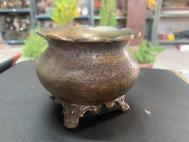 1850's Antique Rare Brass Hand Forged Four Legged Sugar Pot Vessel / Planter Pot