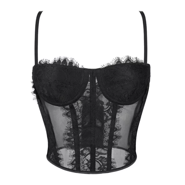 Donna Pizzo Rete Canotta Corsetto Bustino Top Reggiseno Bretelle Sottili Gotico