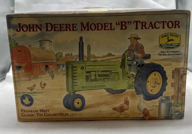 John Deere Model B Tractor Franklin Mint Tin Lithograph Windup Box w Inserts MIB