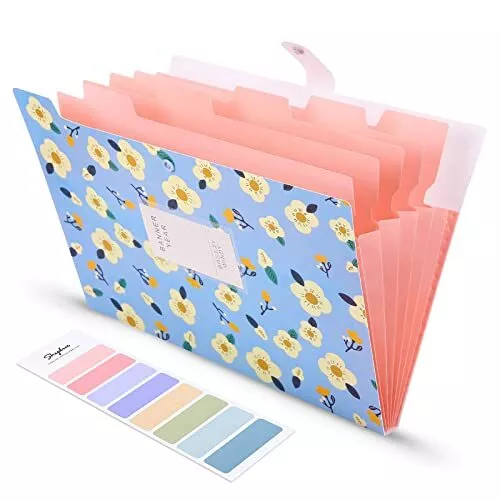 Expanding File Folders with 8 lables, Floral Printed Accordion Document Blue