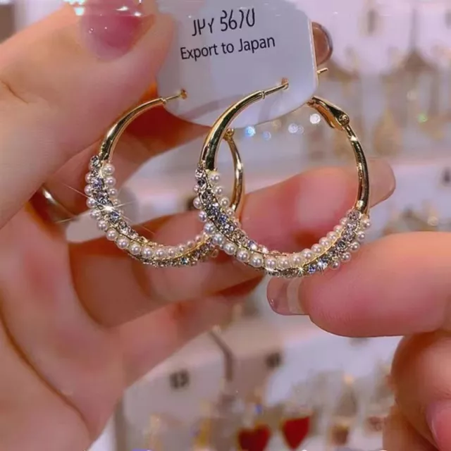 Women Romantic Jewellery Shiny Pearl Gold Earrings Hoop Girls Gift UK
