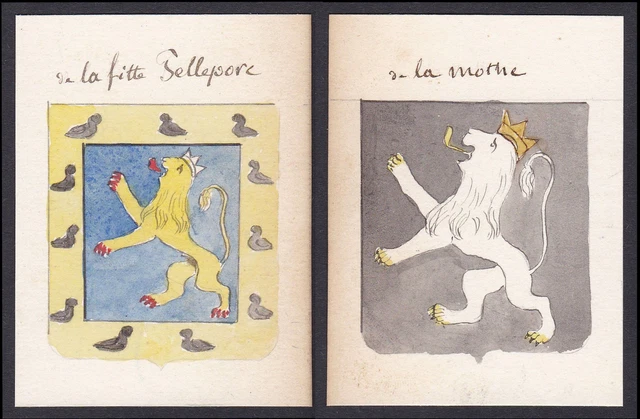 19. Siglo Bellepore La Motte Francia Escudo Nobleza Abrigo De Arms Acuarela