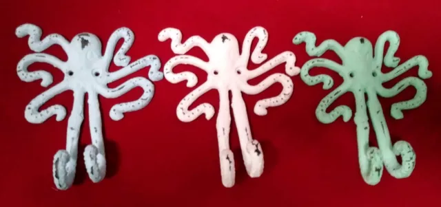 Nautical Beach Ocean Shore Distressed Octopus Towel Hat Bath Wall Hook Cast Iron