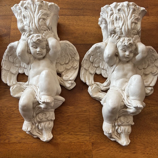Fleur de lis Wall Sconce Angel Cherub Curtain Rod Holder Antique set of 4 7