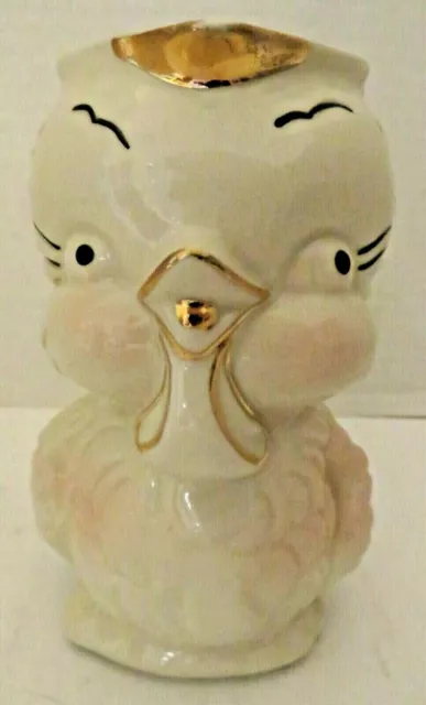 Rare Pink 1940s SHAWNEE POTTERY Bird Owl Chick pitcher Creamer Gold Trim-6"