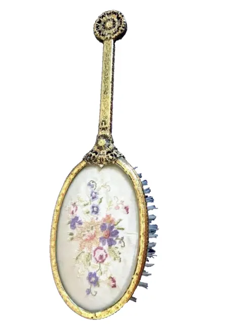 Ladies Vintage Floral Petit Point Embroidered Hair Brush Ornate Metal Handle