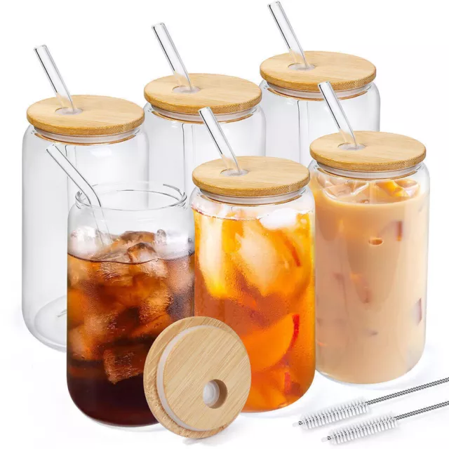 6 Pack Drinking Glass Mugs with Bamboo Lids and Straws 550ml Drinking Jar  Wide Mouth Drinking Clear Glasses Coffee Cups 