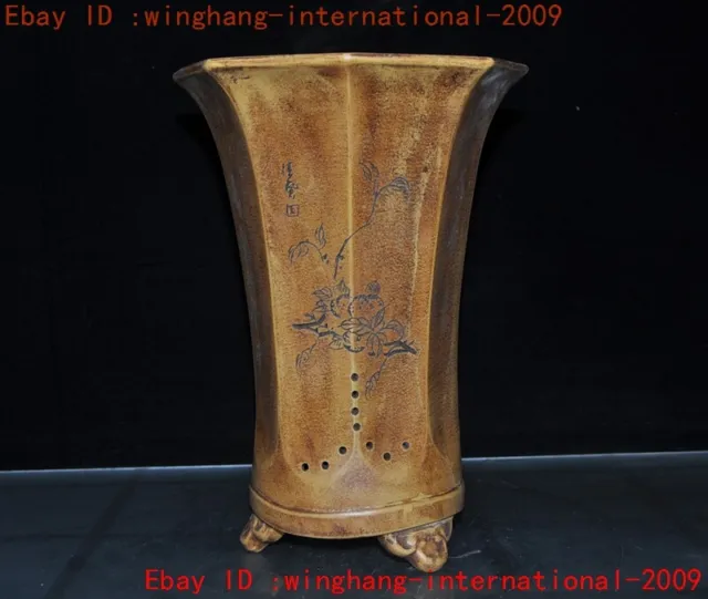 10"Old Chinese Yixing zisha pottery flower orchid text Bonsai Potted plants Pot