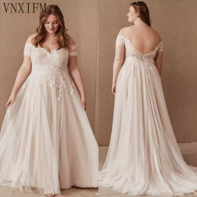 Plus Size Beach Wedding Dress Boho White Ivory Off Shoulder Backless Floor gown 2