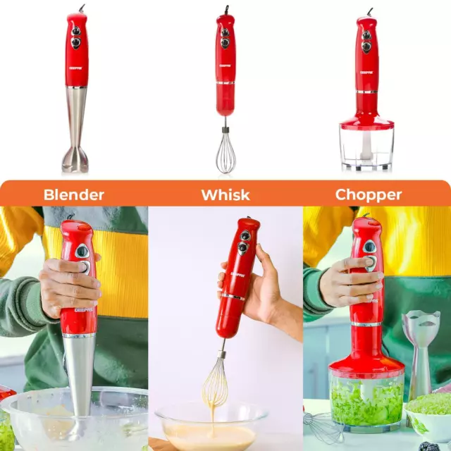 3-in-1 Hand Blender Mixer Chopper Food Processor Stainless Steel Blade Red 3
