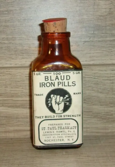 Antique 1890's Amber Bottle of 100 Blaud Iron Pills Medicine Pharmacy Apothecary