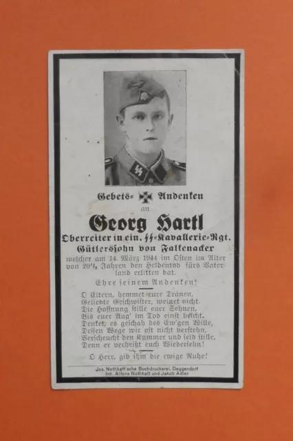 WW2 GERMAN DEATH Card Sterbebild Waffen-SS Corporal Cavalry Regt 1944 ...